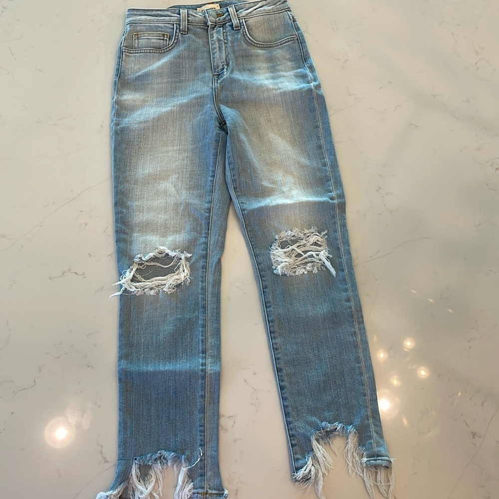 L'AGENCE Blue Ankle Cropped Jeans with Distressed Details